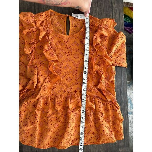 The GREAT. Eyelet Ruffle Flutter 3/4 Sleeve Top  Spice Orange Size 2 M Peasant - Picture 15 of 15